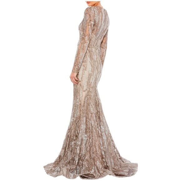 Mac Duggal Embellished Long Sleeve Plunge Neck Gown 79358 Gold Formal 16 - Picture 2 of 16
